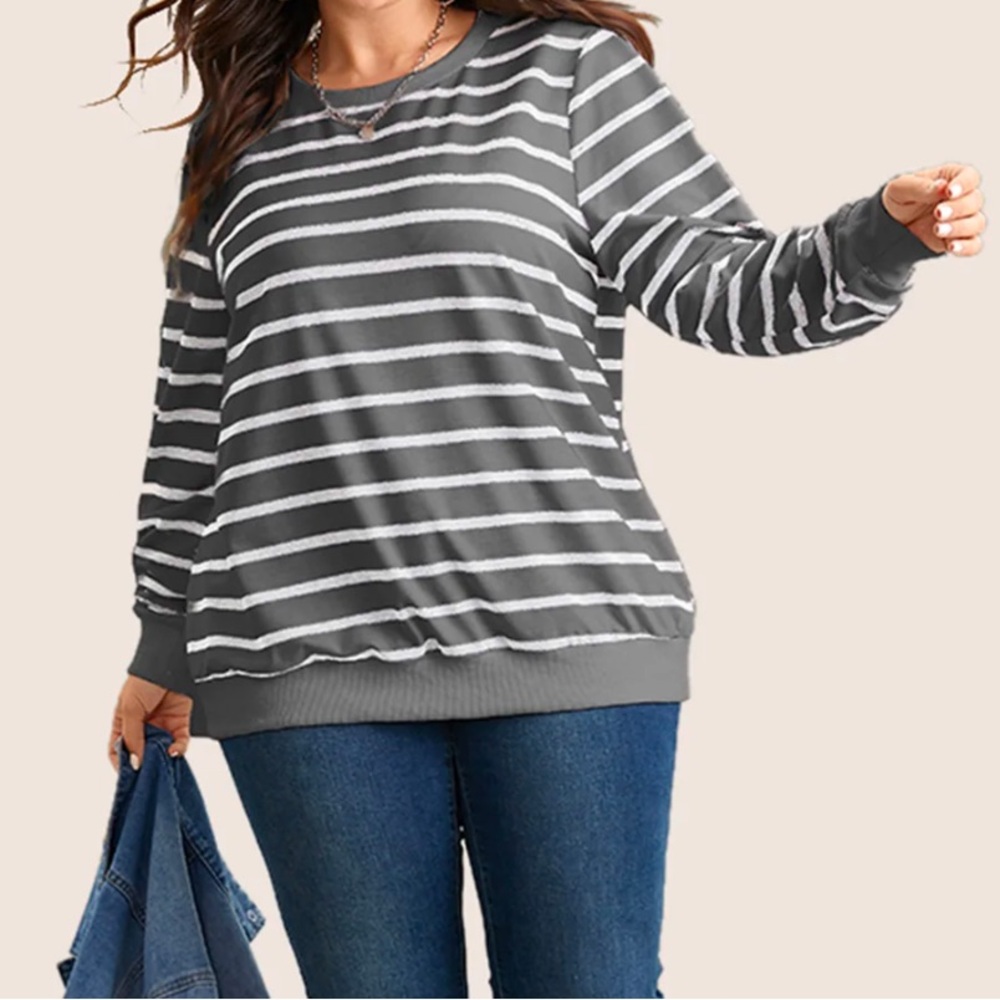 Rib Knit Striped Round Neck Sweatshirt Size 12/L